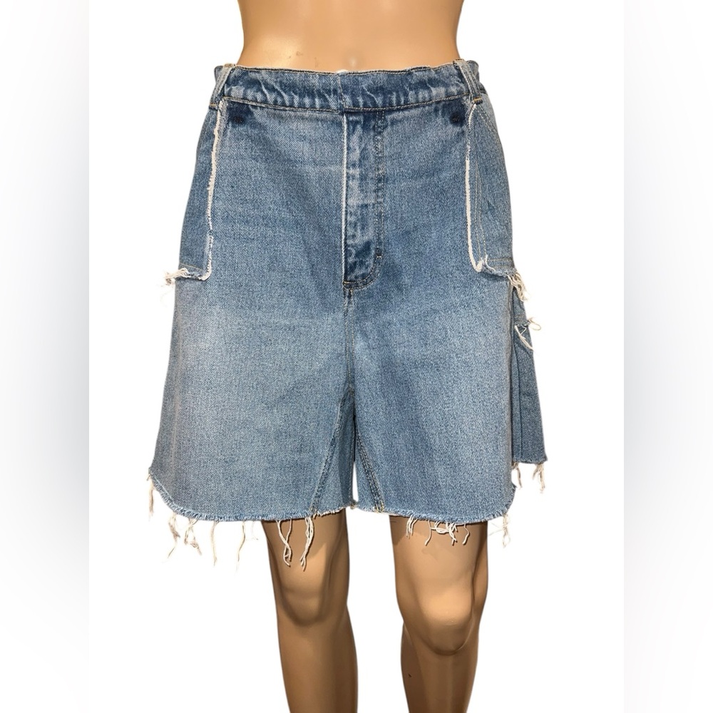 NWOT Ksenia Schnaider Shorts Womens Fringed Blue Denim High Waisted Size XL - Picture 2 of 15